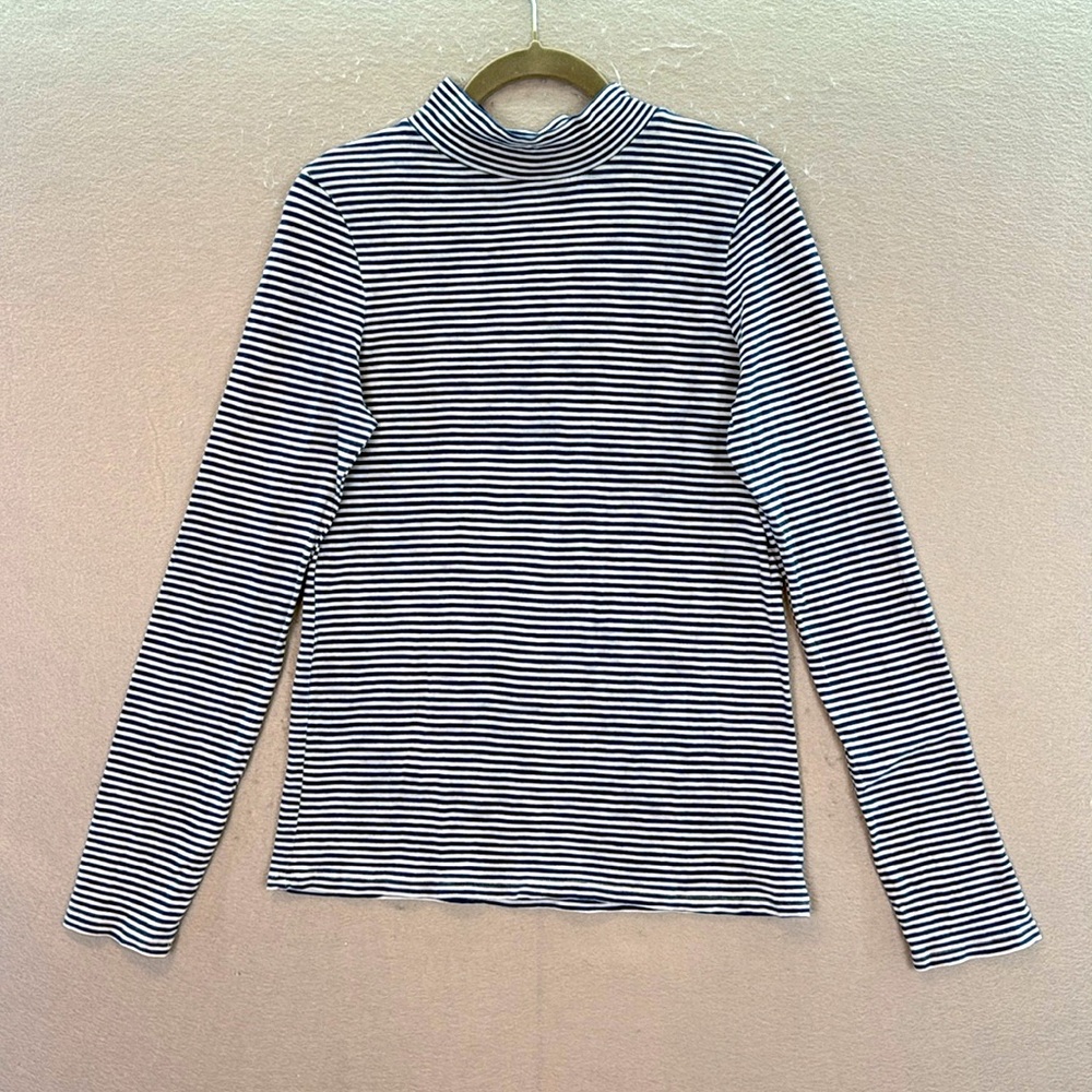 Faherty women’s 100%cotton Blue White Striped Mockneck T-shirt Long Sleeve Top M